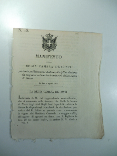 Manifesto della Regia Camera de' Conti portante pubblicazione d'alcune discipline daziarie da eseguirsi nel territorio limitrofo della Contea di Nizza